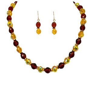 Yellow and brown all glass bead necklace and earring set mixed with gold accent